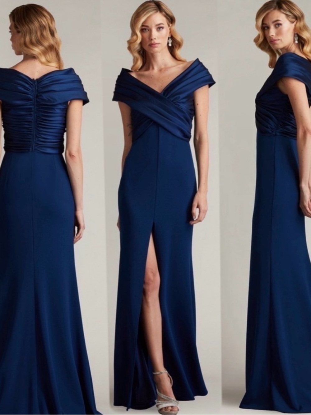 Tadashi Shoji BENZ PLEATED PORTRAIT COLLAR GOWN in blue size large. NWT